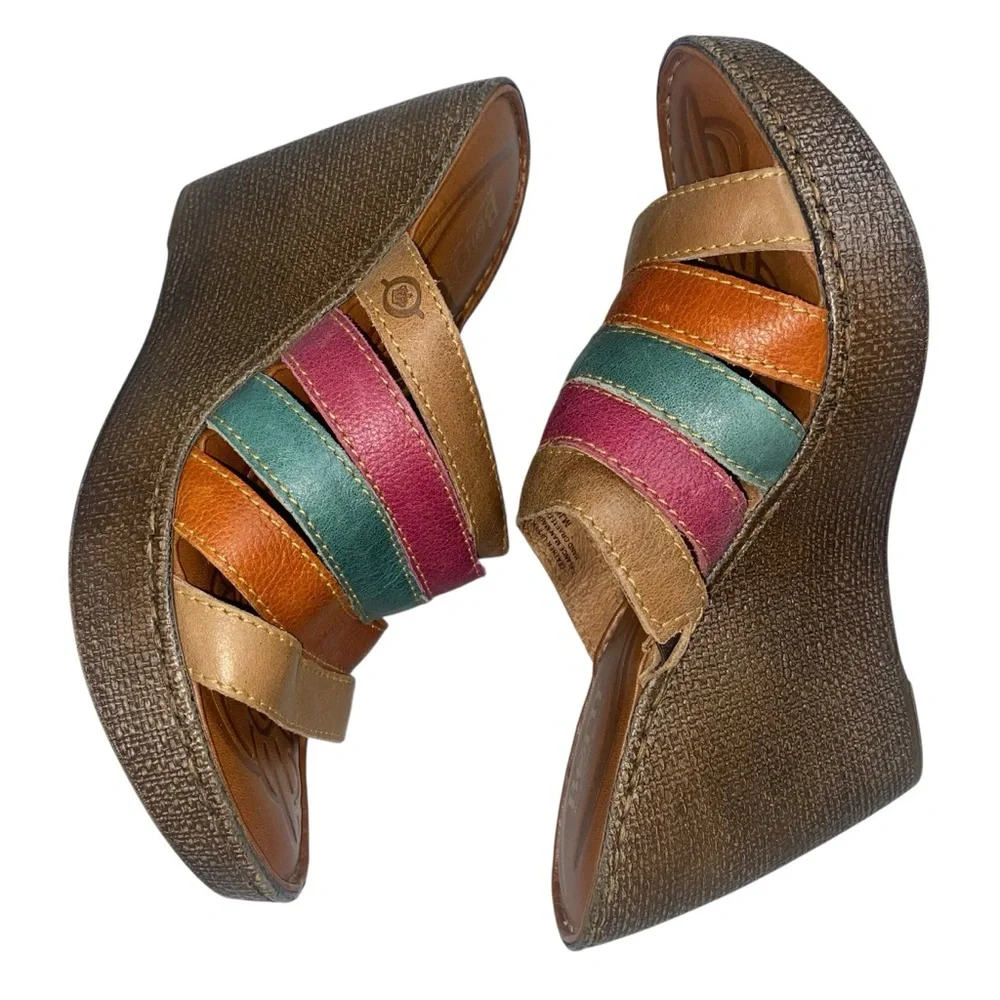 Born Lumi Multicolor Strappy Wedge Sandals Leather Size 9 Boho Colorful Bold NEW